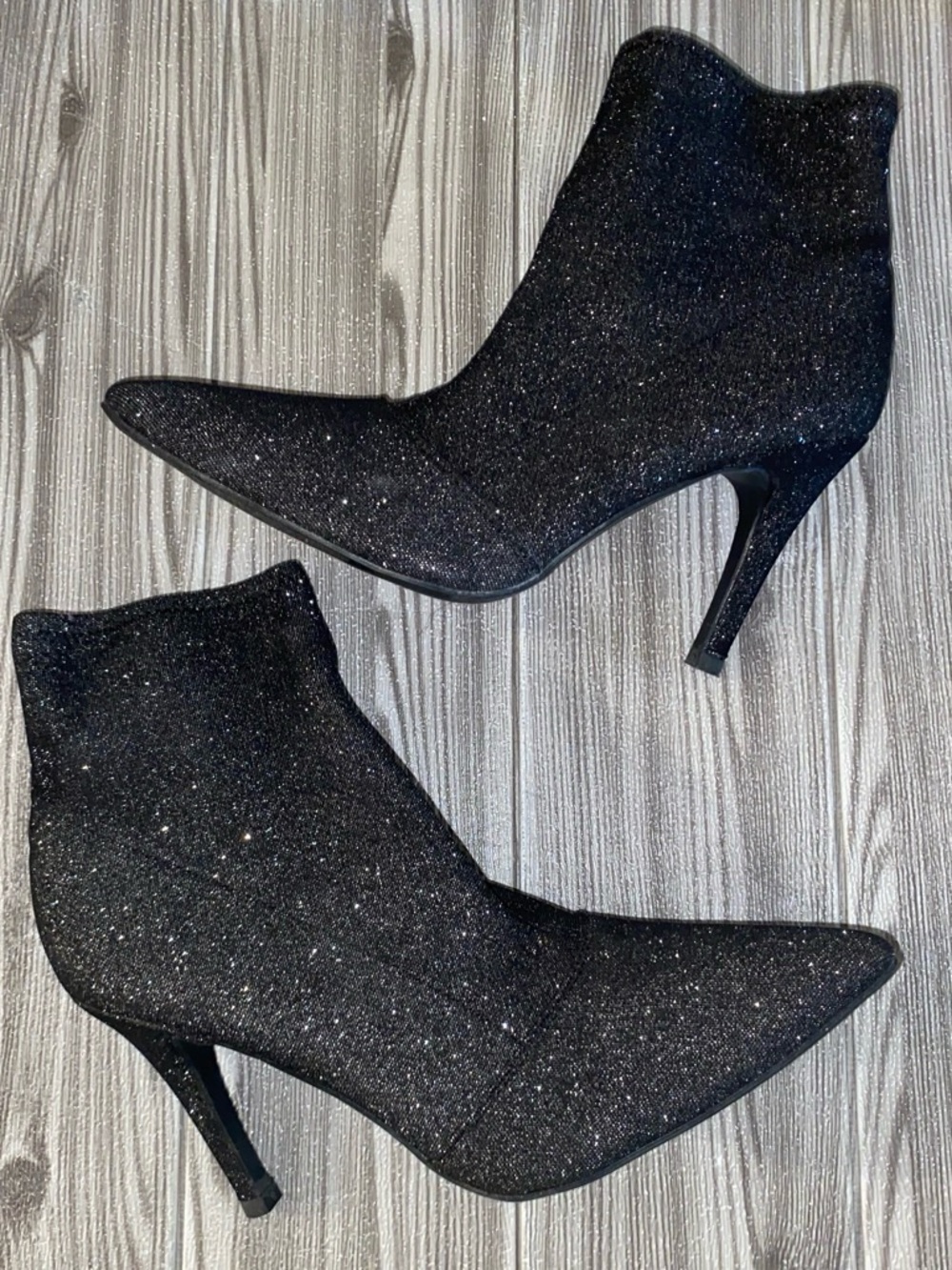 Brash Black Glitter Pointed-Toe Stiletto Ankle Booties
